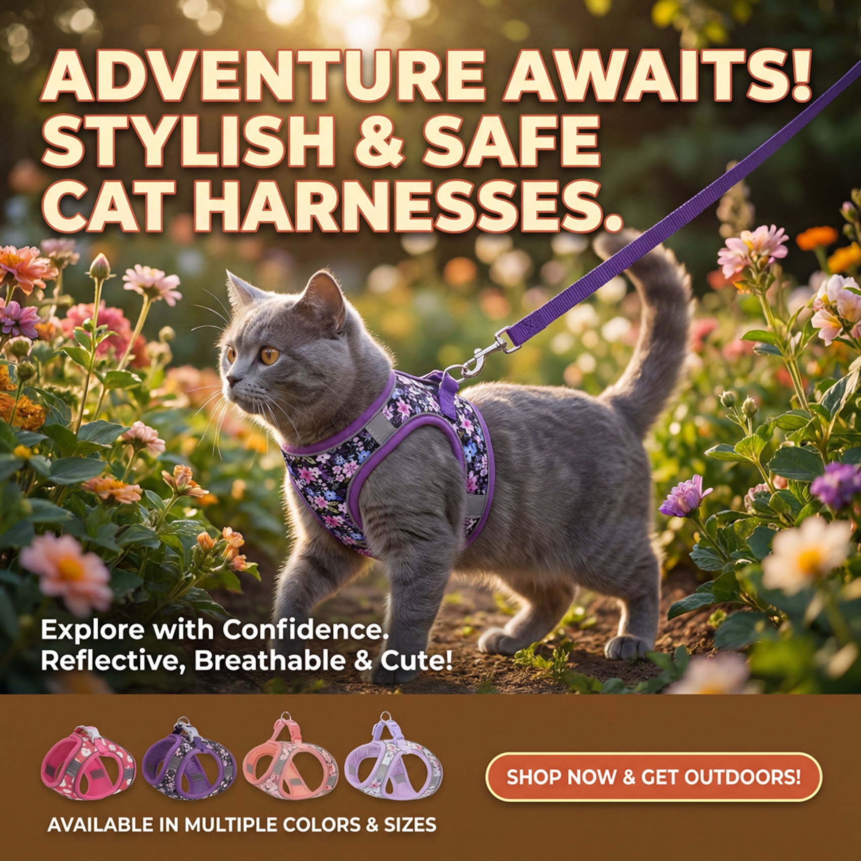 Floral Cat Harness and Leash Set - Breathable Mesh Puppy Vest with Reflective Strips, Adjustable Soft Pet Walking Gear for Small Dogs & Kittens, Escape-Proof Outdoor Hiking Accessories