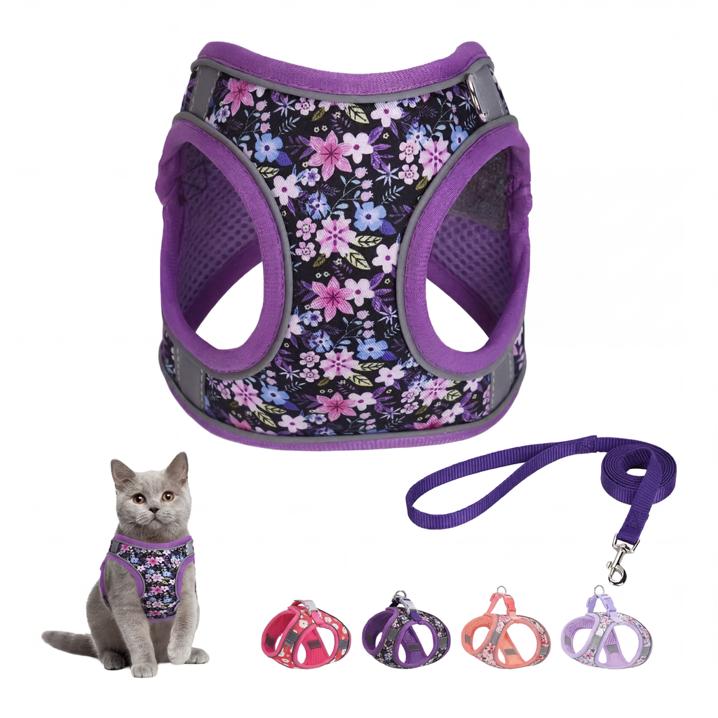 Floral Cat Harness and Leash Set - Breathable Mesh Puppy Vest with Reflective Strips, Adjustable Soft Pet Walking Gear for Small Dogs & Kittens, Escape-Proof Outdoor Hiking Accessories