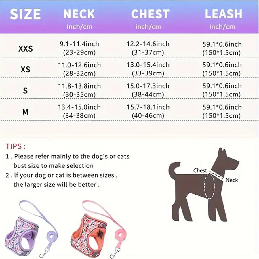 Floral Cat Harness and Leash Set - Breathable Mesh Puppy Vest with Reflective Strips, Adjustable Soft Pet Walking Gear for Small Dogs & Kittens, Escape-Proof Outdoor Hiking Accessories