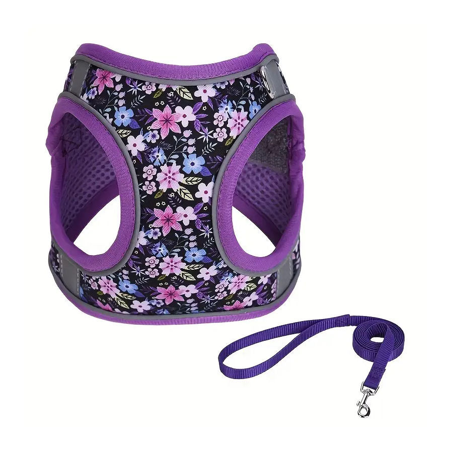 Floral Cat Harness and Leash Set - Breathable Mesh Puppy Vest with Reflective Strips, Adjustable Soft Pet Walking Gear for Small Dogs & Kittens, Escape-Proof Outdoor Hiking Accessories