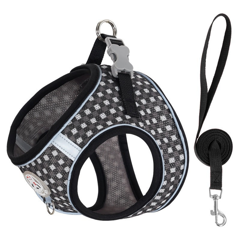 Dog cat vest style safety belt, small and medium-sized pet breathable chest harness, walking dog round rope, reflective dog rope