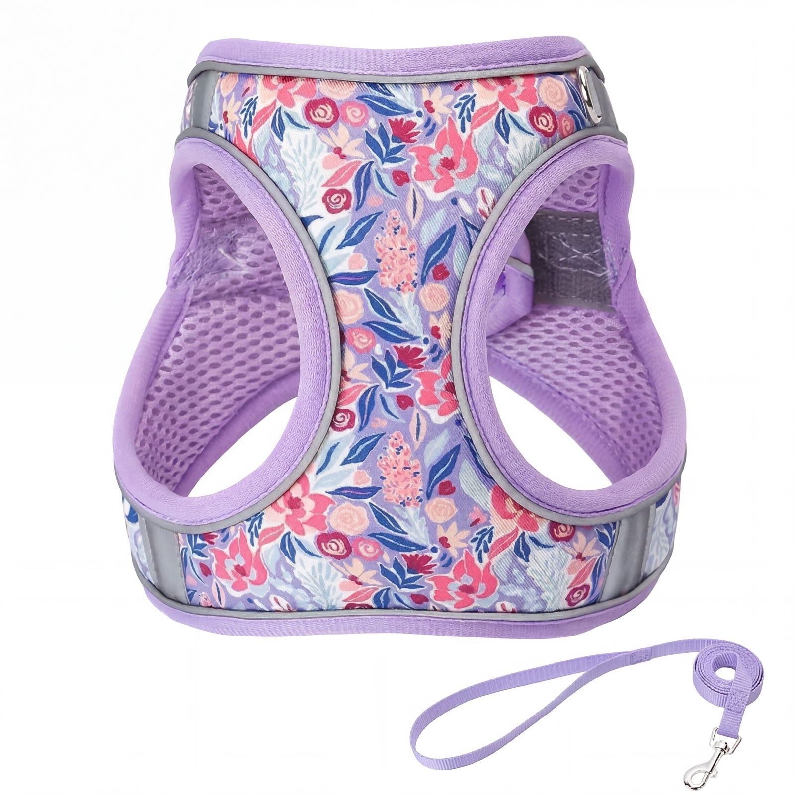 Floral Cat Harness and Leash Set - Breathable Mesh Puppy Vest with Reflective Strips, Adjustable Soft Pet Walking Gear for Small Dogs & Kittens, Escape-Proof Outdoor Hiking Accessories