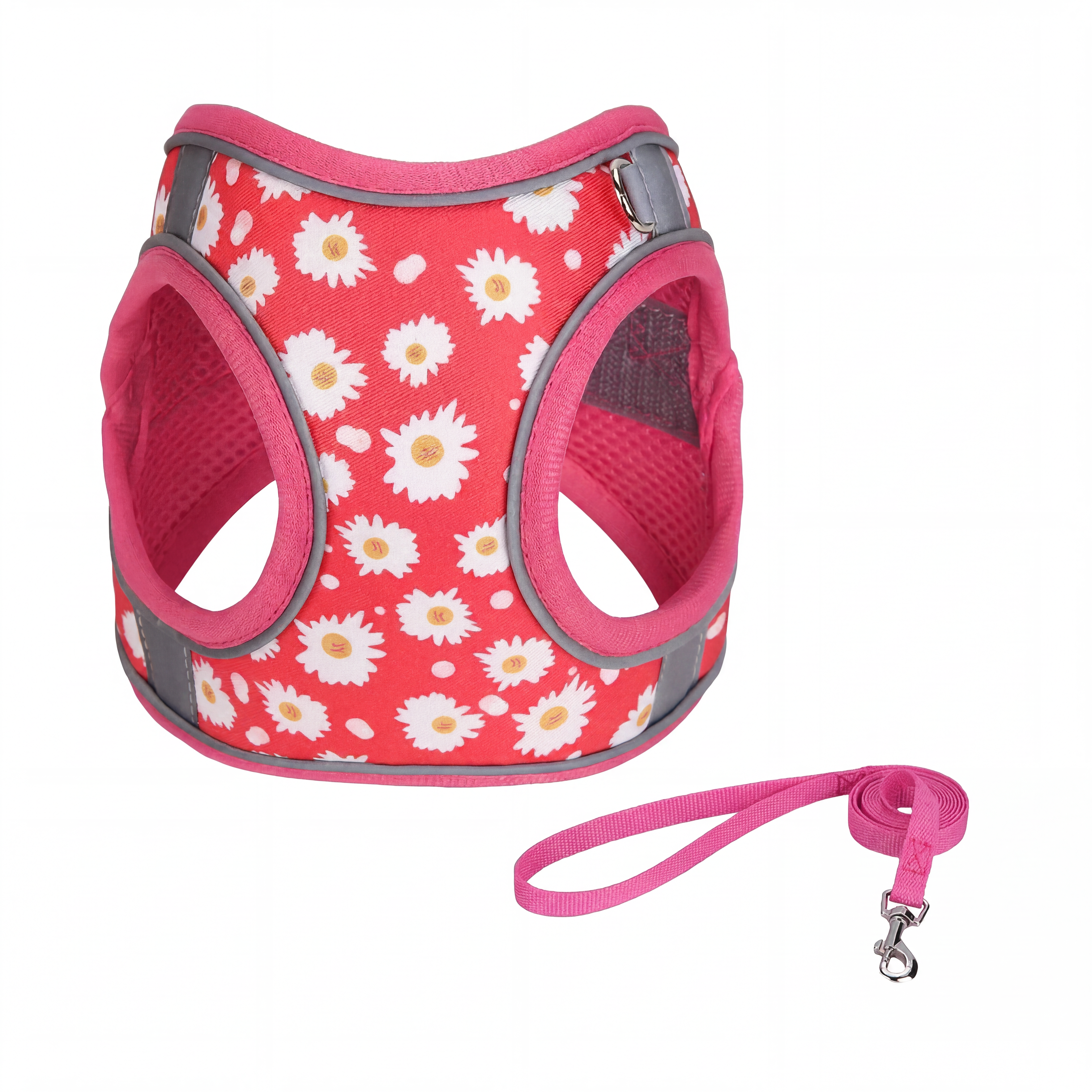 Floral Cat Harness and Leash Set - Breathable Mesh Puppy Vest with Reflective Strips, Adjustable Soft Pet Walking Gear for Small Dogs & Kittens, Escape-Proof Outdoor Hiking Accessories