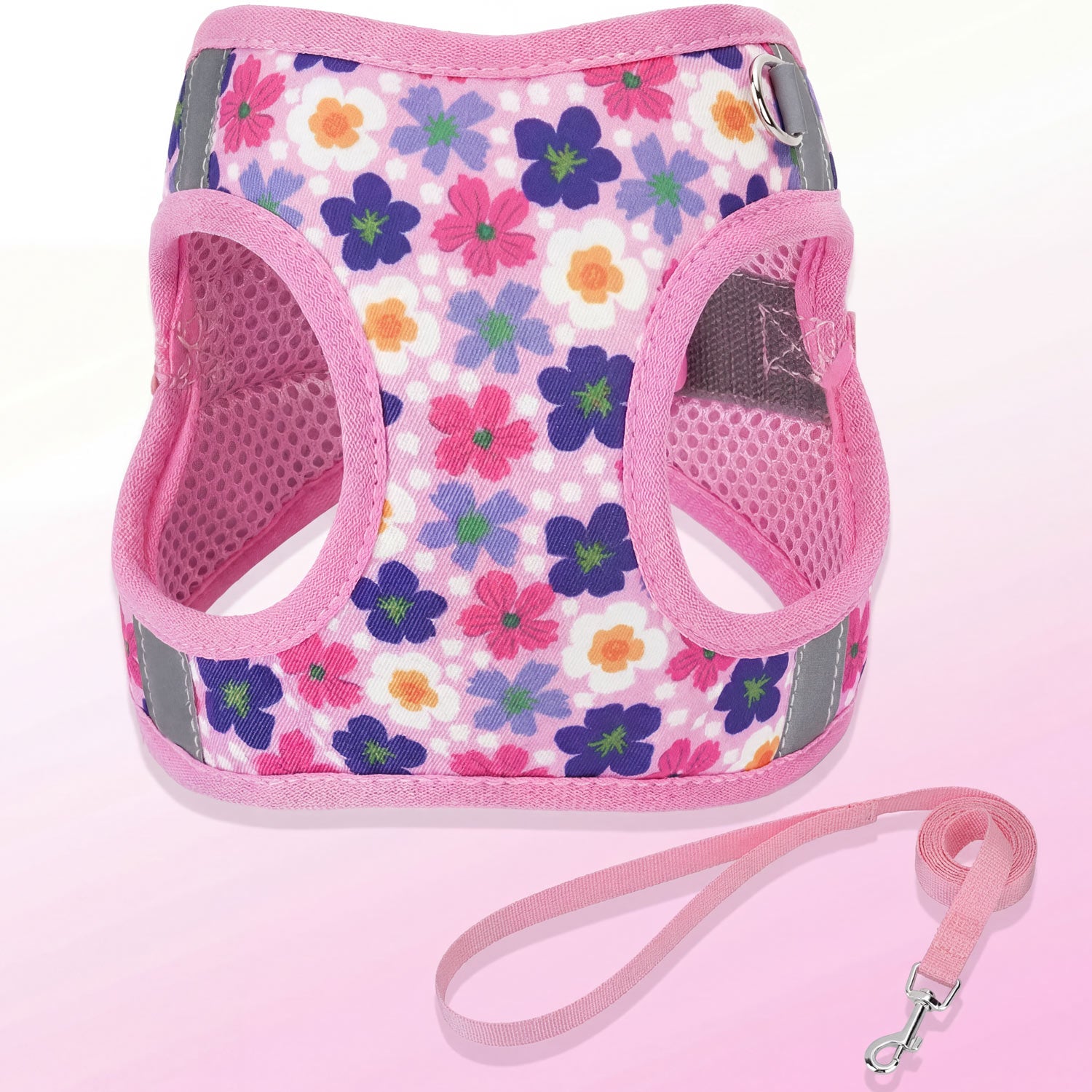 Floral Cat Harness and Leash Set - Breathable Mesh Puppy Vest with Reflective Strips, Adjustable Soft Pet Walking Gear for Small Dogs & Kittens, Escape-Proof Outdoor Hiking Accessories