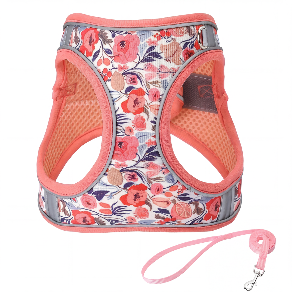 Floral Cat Harness and Leash Set - Breathable Mesh Puppy Vest with Reflective Strips, Adjustable Soft Pet Walking Gear for Small Dogs & Kittens, Escape-Proof Outdoor Hiking Accessories